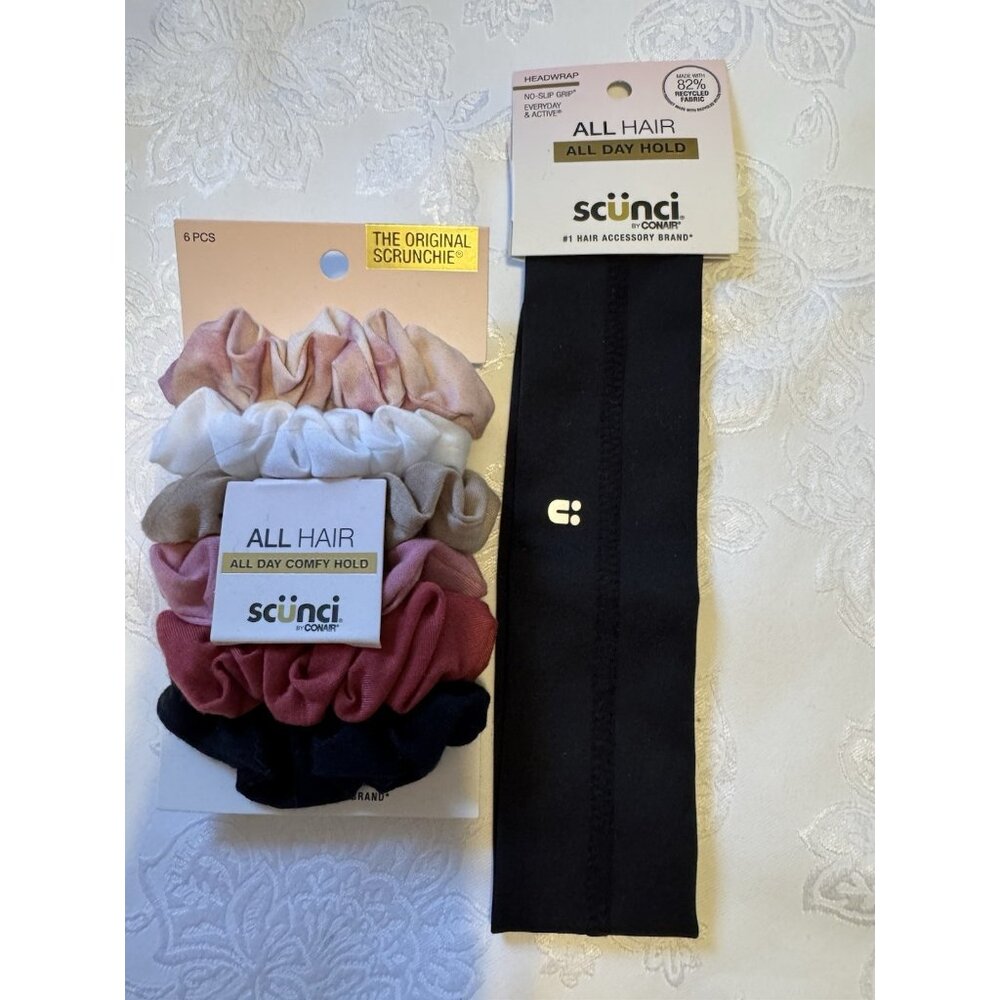 Pack 6 Scunci Scrunchies Pink/White/Tan/Black & Non Slip Headband Black LOT NEW